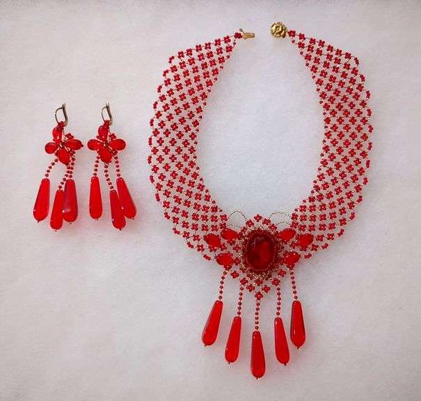 Russian Red Beaded Necklace and Earrings Set