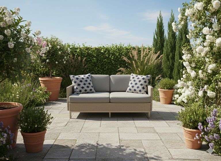 Lloyd Flanders Elements Settee French Beige with Pillows