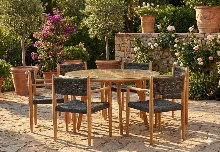 Cane-Line Aspect Teak Black Glass Top 57" Patio Table with 6 Royal Teak Armchairs