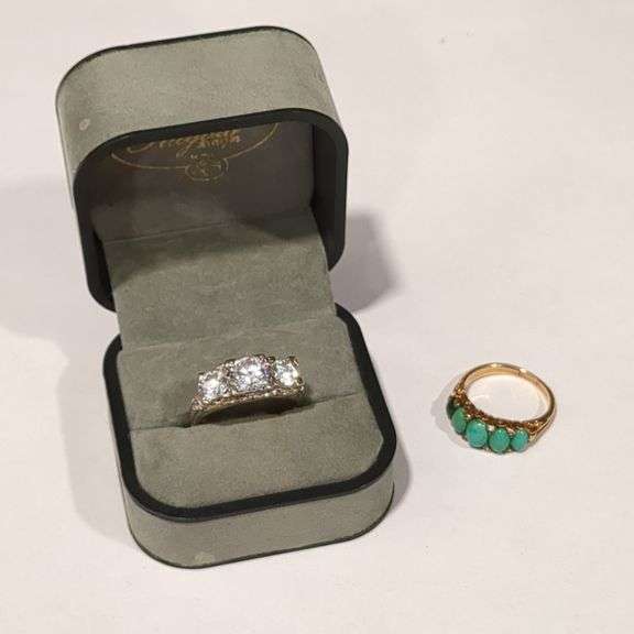 Two 18K Gold Rings with Cubic Zirconia and Turquoise