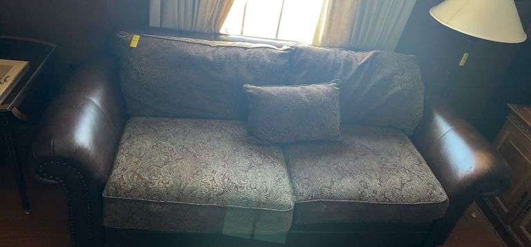 Leather and Upholstery Sofa by JC Penney Chris Madden Collection with Nailhead Accents