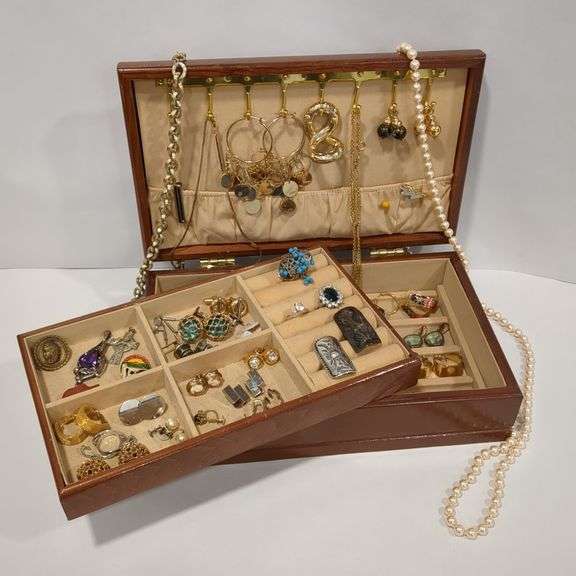 Wooden Jewelry Box Full of Jewelry