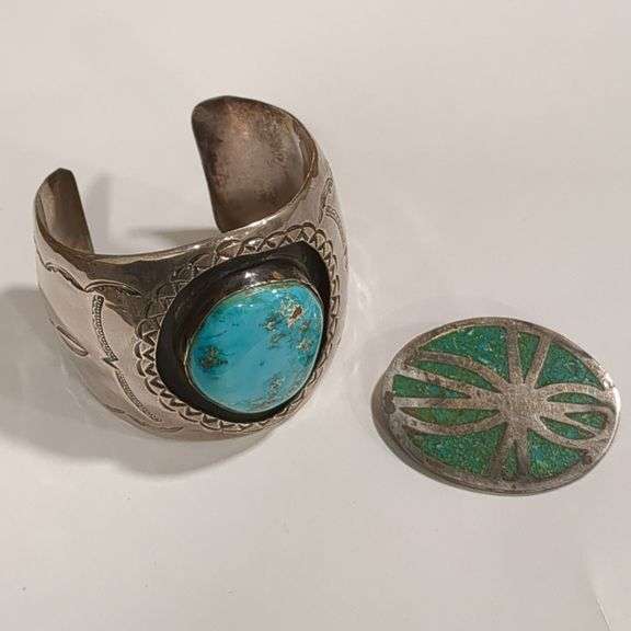 Silver Native American Bracelet and Mexican Brooch