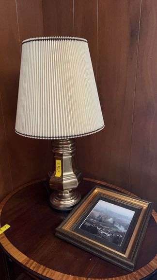 Brass Table Lamp and Framed European Village Photograph