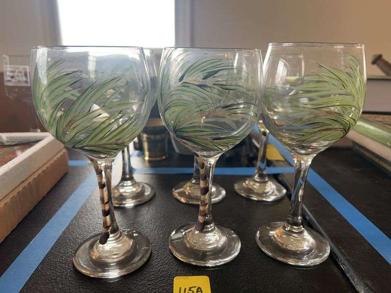 6 Hand Painted Tropical Stemware Glasses