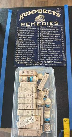 Antique Humphreys' Homeopathic Remedies Metal Sign and Antique Homeopathic Medicine Bottles