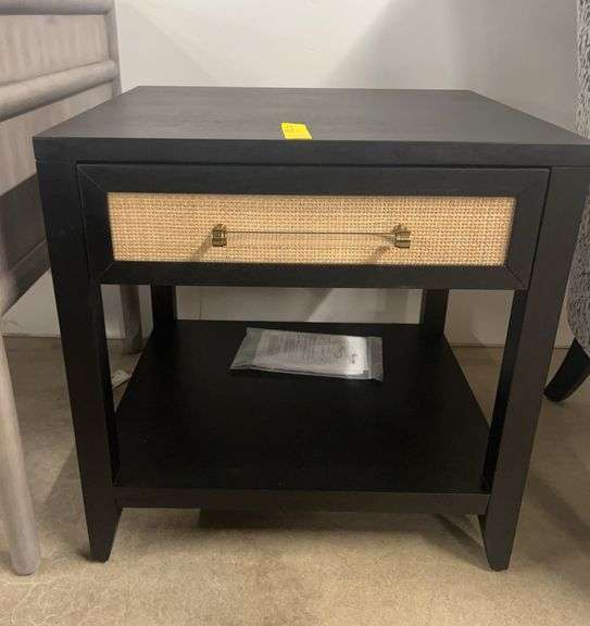 Acacia Wood Nightstand in Brushed Black and Natural Rattan