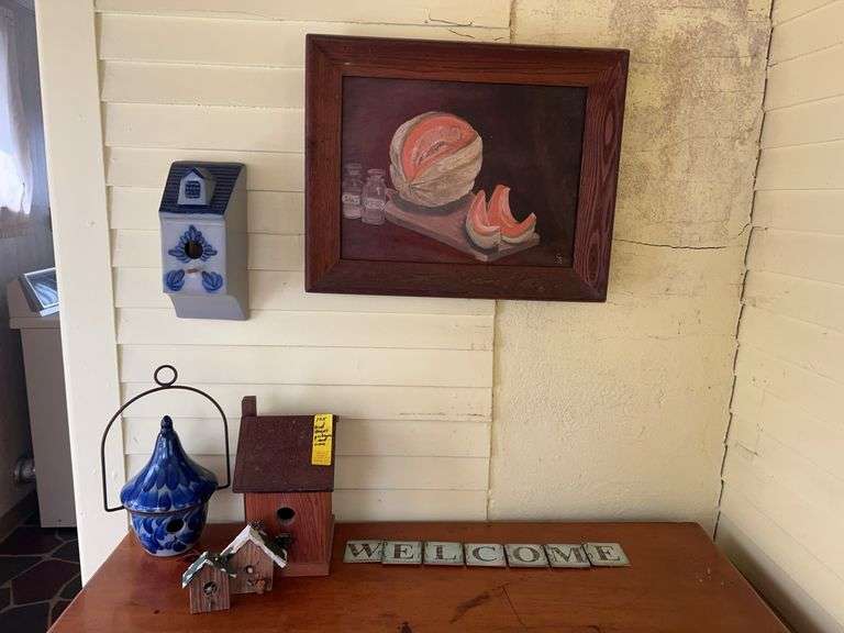 Original Cantaloupe Painting, Eldreth Pottery Birdhouses and More