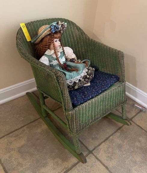 Child’s Wicker Rocking Chair and Doll