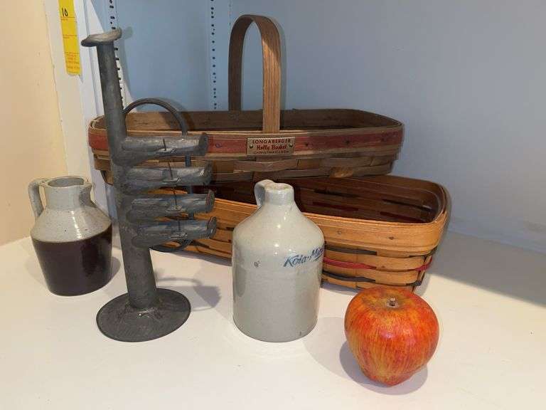 Antique Toy Trumpet, Longaberger Baskets, Old Small Stoneware Crocks and More