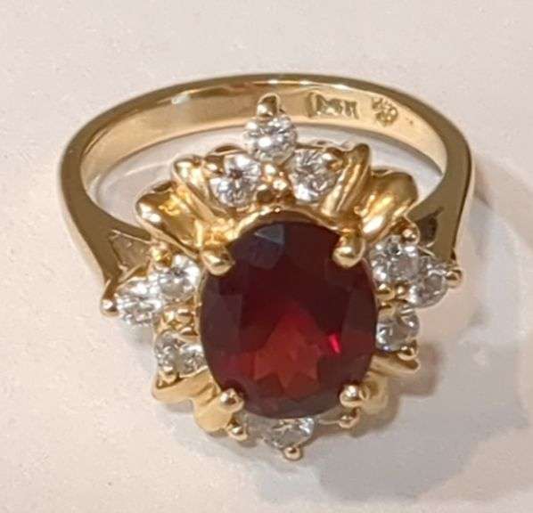 14K Gold Ring with Red Stone and Diamonds