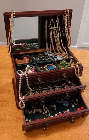 Wooden Jewelry Box Full of Jewelry