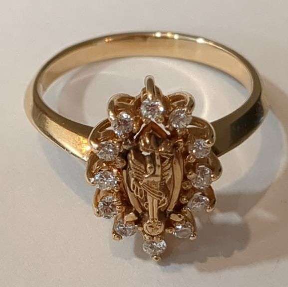 14K Gold Ring with Angel or Virgin Mary and Diamonds