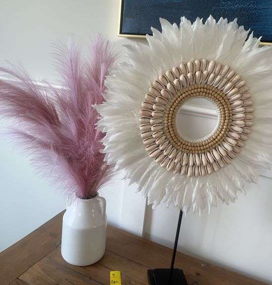 Vase, Sea Shell and Feather Decor