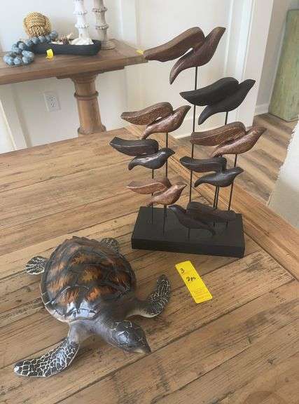 Sea Turtle Figurine and Wooden Birds Decor