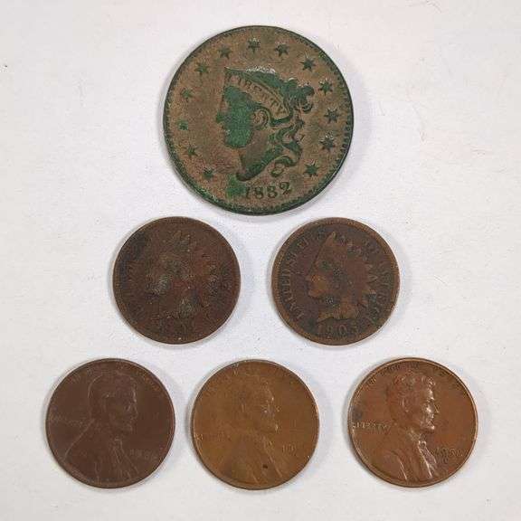 1882 Large Cent, Indian Head Cents, and Wheat Penny Coins