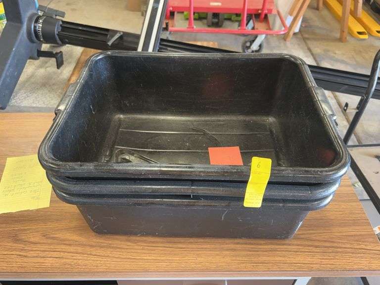 Three Heavy Duty Plastic Bins and 2 Metal Ladles