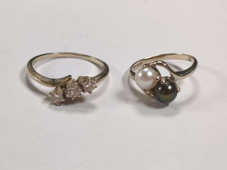 Two 14K Gold Rings with Diamonds and Pearls