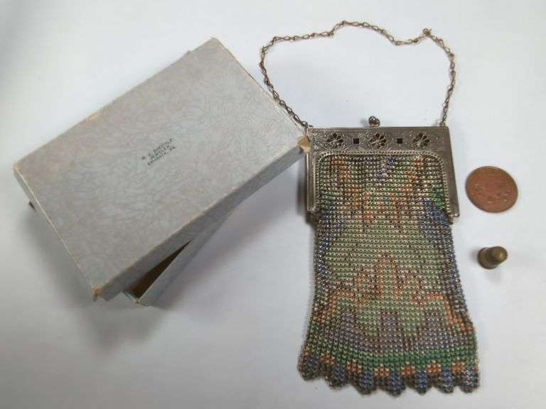 Vintage Metal Mesh Purse, Brass Thimble, and Lucky Coin