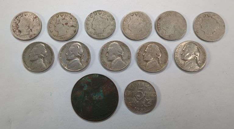 Liberty Head "V" Nickels, 1940s Nickels, and 2 Foreign Coins