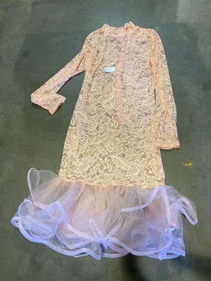 PEACH COLORED SHEER DRESS WITH FRILLY SKIRT APPROX SIZE MED