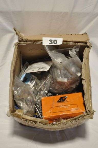 BOX LOT OF ASSORTED FASTENERS & HARDWARE