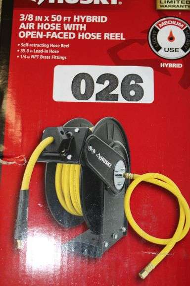 [MSRP: $99.9] Husky 3/8 in. x 50 ft. Hybrid Air Hose With Open Faced Hose Reel