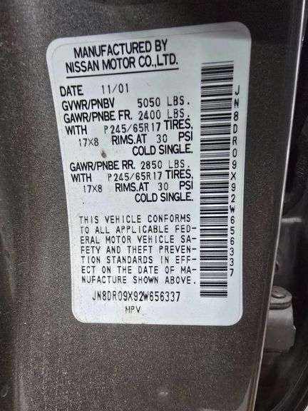 2002 NISSAN PATHFINDER VIN# JN8DR09X92W656337 HAS KEY HAS TITLE RUNS AN DRIVES