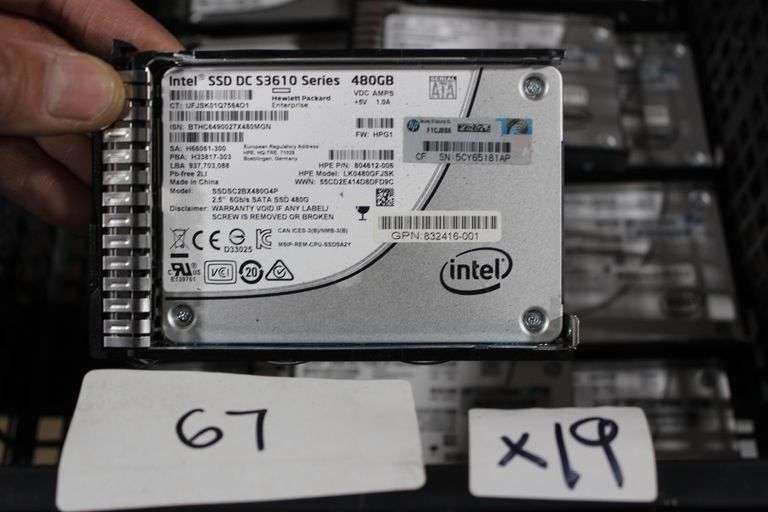 LOT OF ASSORTED 480 GB SSD HARD DRIVE CAPACITY 2.5 IN SIZE INCLUDING HP 480 GB SSD HARD DRIVE MODEL NO VK000480GWCFE, INTEL 480 GB SSD HARD DRIVE MODEL NO SSDSC2BX480G4P AND MANY OTHERS