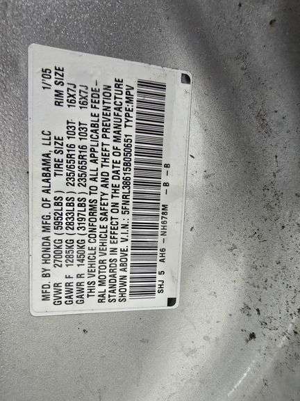 2005 HONDA ODYSSEY VIN# 5FNRL38615B050651 HAS KEY HAS TITLE