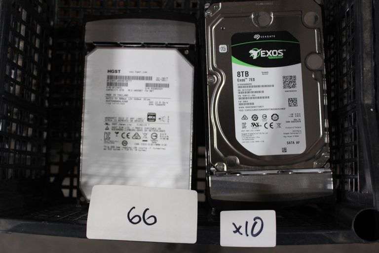 LOT OF ASSORTED HARD DRIVES 3.5 IN SIZE INCLUDING EXOS 8 TB SATA HARD DRIVE CAPACITY MODEL NO ST8000NM055 AND HGST 8 TB CAPACITY SAS HARD DRIVES MODEL NO 0F23651