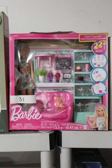 BARBIE CUTE N COZY CAFÉ WITH DISSOLVABLE POWDER TEA & DOLL INCLD. 22+ PCS