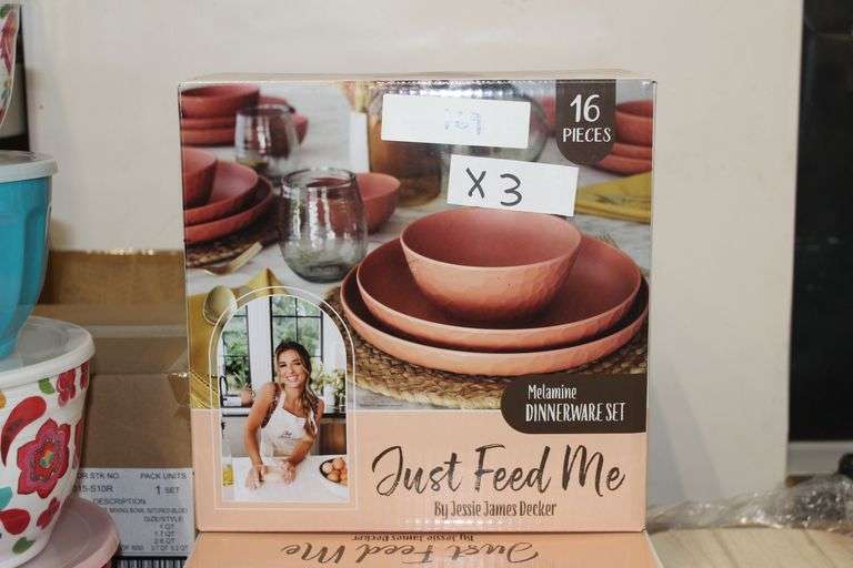 Brand new Just Feed Me by Jessie James Decker Melamine Dinnerware Set, 16 Pieces per set, retails at $40 each