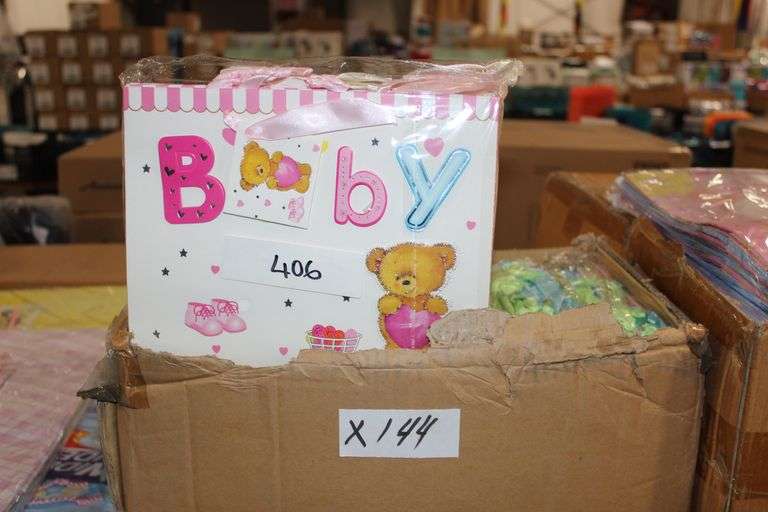 Assorted brand new baby shower themed gift boxes