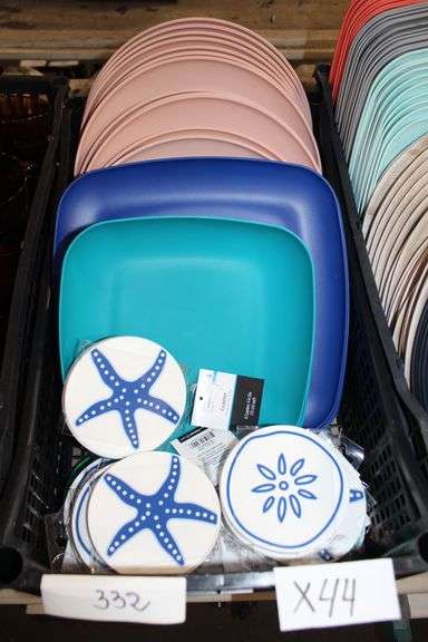 Assorted Brand new Mainstays Coaster (4pk), Mainstays Square Dinner Bowls, Mainstays Pink Plates, Mainstays Square Plates