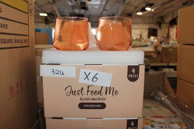 Brand new Just Feed Me By Jessie James Decker Stemless Wine Glasses, Each box contains 4 pieces, lot sold by the BOX