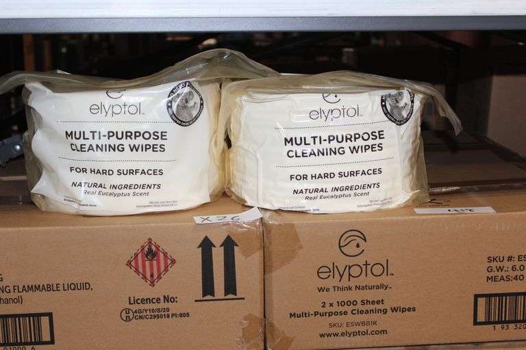 Brand new Elyptol Natural Sanitizing Multi-purpose cleaning wipes, lot is sold by the bag, each bag contains 1000 sheets