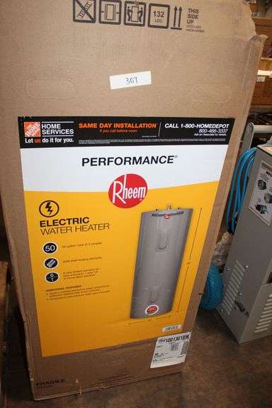 Brand new Home Depot Rheem Performance Electric Water Heater 50 Gallon Tank, 45000 Watt, comes with 6- yr limited warranty for tank and parts, Part no. 1001301858, retails at $700 each