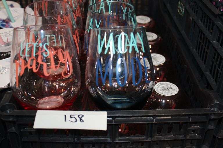 Assorted Brand new Stemless Wine Cups in assorted colors with various Graphics
