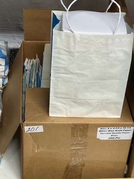 WHITE / BLUE KRAFT PAPER WITH TWISTED HANDLE 8" x 4.75" x 10.25" ABOUT 200 IN CASE