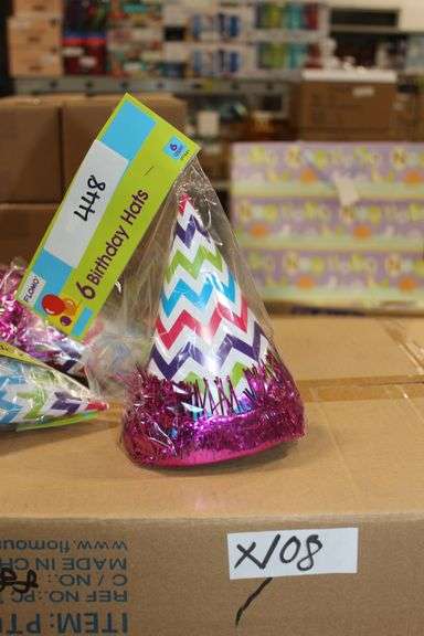 Brand new Flomo birthday hats, each pack comes in 6 hats, lot contains 108 packs of hats