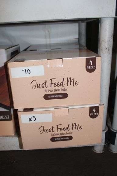 Brand new Just Feed Me By Jessie James Decker Stemless Wine Glasses, Each box contains 4 pieces, lot sold by the BOX