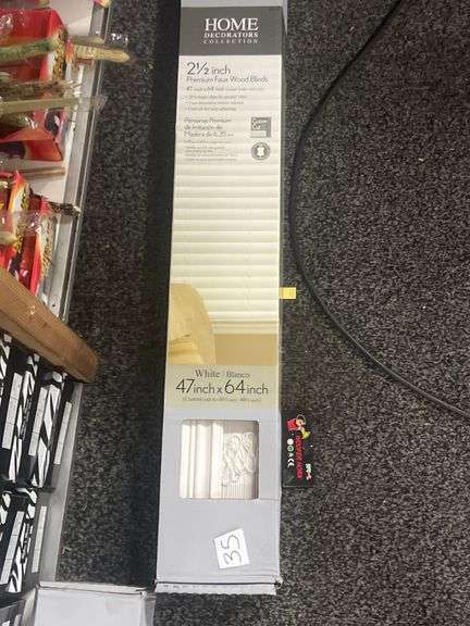 HOME DECORATORS COLLECTION 2.5" PREMIUM FAUX WOOD BLINDS 47" X 64" WHITE COLOR, CAN BE CUSTOM CUT, 389271