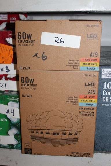 Brand new LED Technology 60 Watt Replacement A19 16 count Lightbulb pack, non-dimmable, able to select colors, lot sold in light bulb packs
