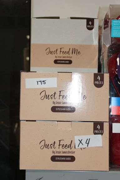 Brand new Just Feed Me By Jessie James Decker Stemless Wine Glasses, Each box contains 4 pieces, lot sold by the BOX