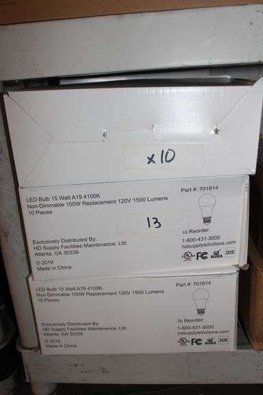 Brand new Home Depot LED Bulb 15 Watt A19 4100K, Nondimmable 100 Watt Replacement 120 V 1500 Lumens, lot is sold in 10 cases, each case has 10 bulbs