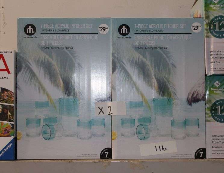 Brand new HomeTrends 7-piece acrylic pitcher set, comes with 1 pitcher and 6 lowballs, retails at $30
