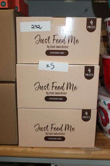 Brand new Just Feed Me By Jessie James Decker Stemless Wine Glasses, Each box contains 4 pieces, lot sold by the BOX