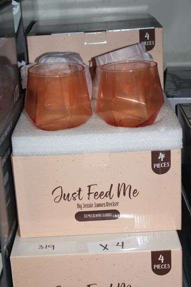 Brand new Just Feed Me By Jessie James Decker Stemless Wine Glasses, Each box contains 4 pieces, lot sold by the BOX