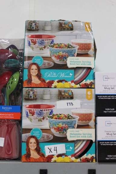 Brand new The Pioneer Woman Classic Charm Melamine Serving Bowl Set with Lids 6 Piece Set, retails for $40 each